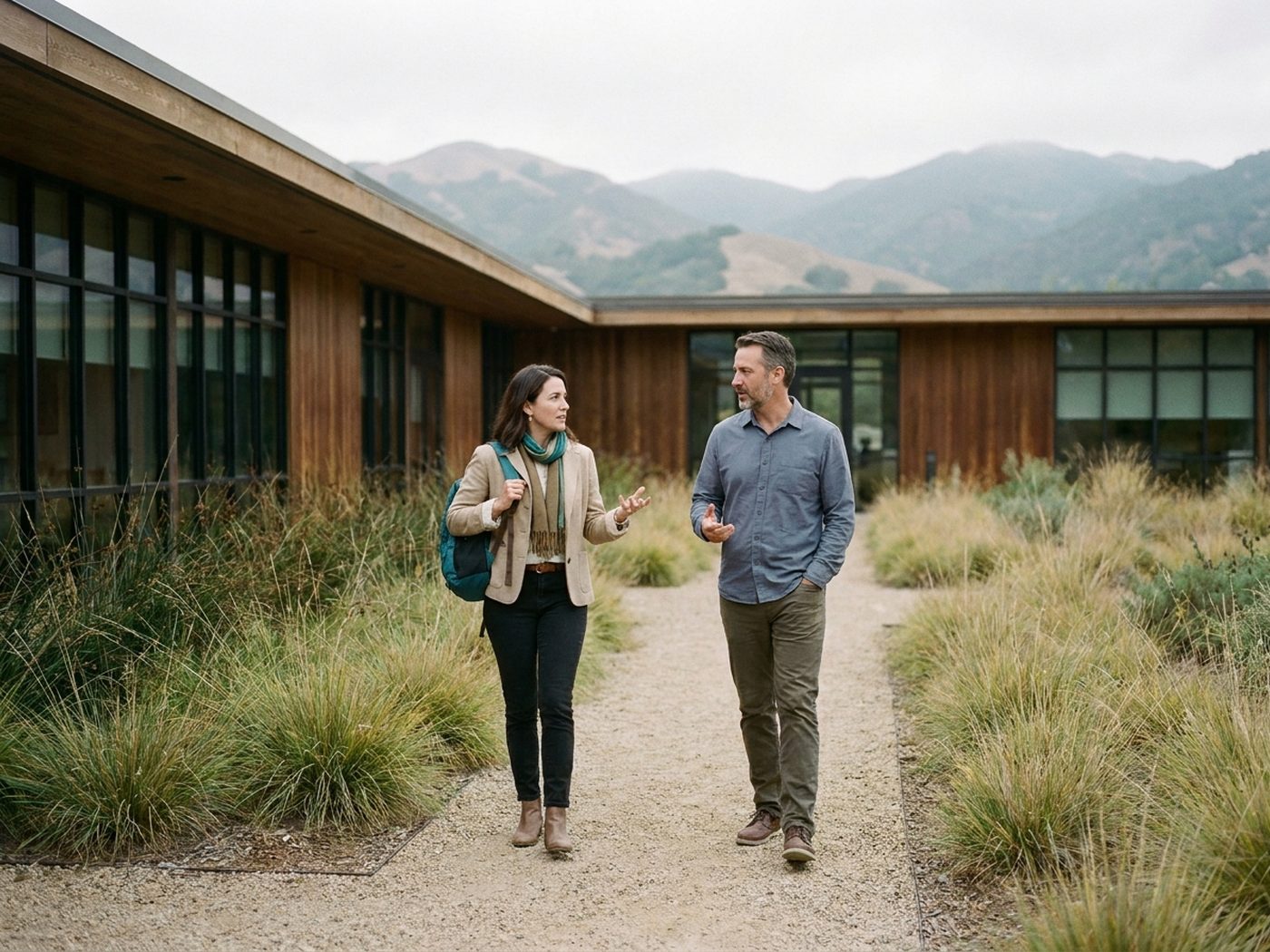 Two coworkers talking on a walk outside their office