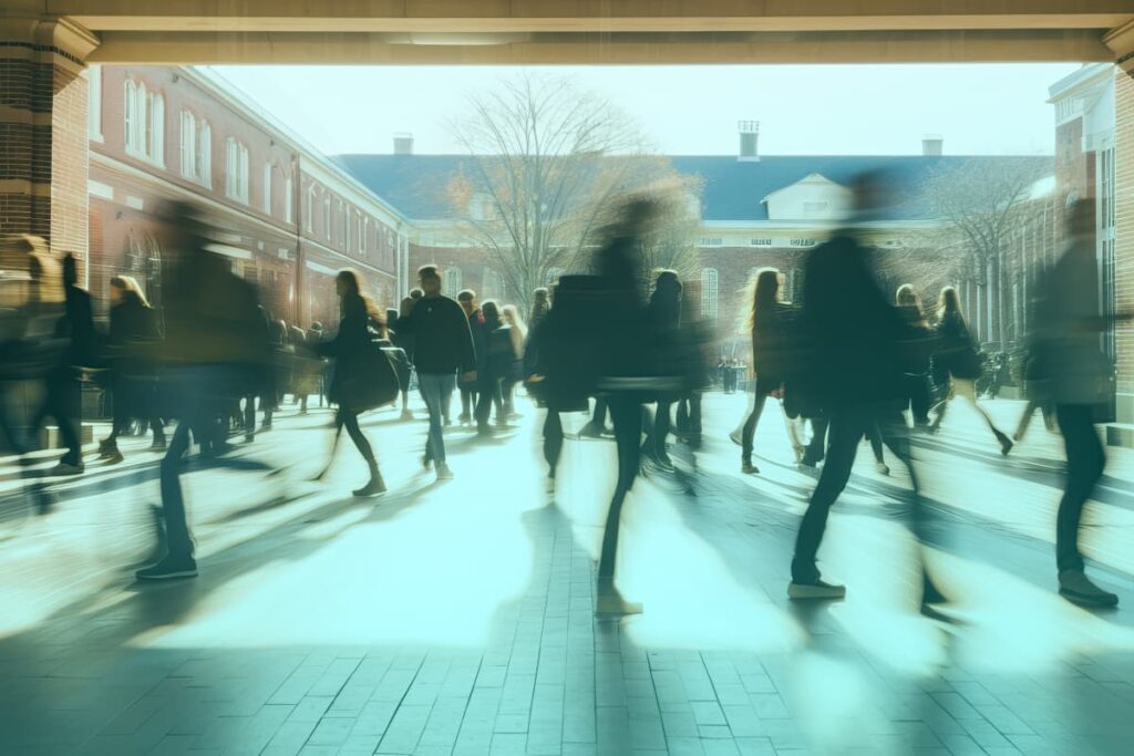 students walking to class on a college campus