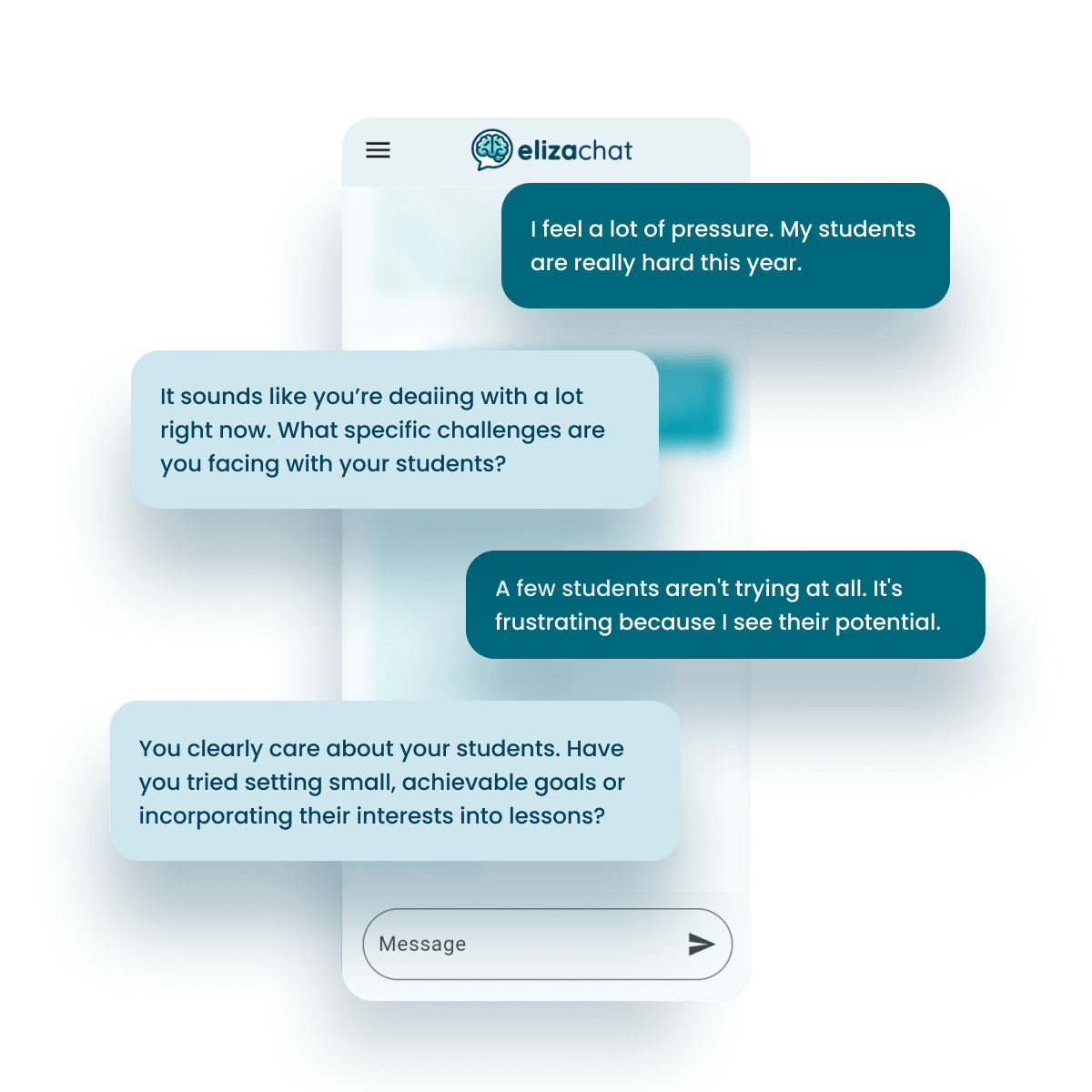 phone conversation message displays a chat between an educator and Eliza AI